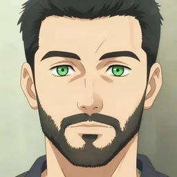 beautiful anime of bold head with stubble!!!!!! beard and green eyes, by sherree valentine daines, peter mohrbacher, alice neel, donato giancola, mike winkelmann, laurie greasley. trending on artstation, 8 k, masterpiece, graffiti, fine detail, full of color, intricate detail, golden ratio illustration, face detail