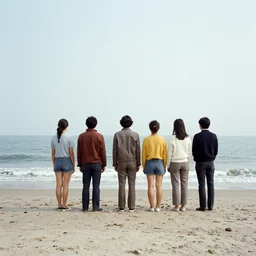 by modernist film a colorized photo flickr 1980 a group of people standing on a beach next to the ocean remodernist film photo taken with ektachrome provia photo taken with provia playhouses huts loredan