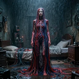 rgb, woman, room, indoor rain!!!!, cinematic, movie scene, inspired by zdzislaw beksinski, clothes made out of veins,, cables everywhere, bedroom, ultra realistic, concept art, intricate details, highly detailed, photorealistic, octane render, 8 k