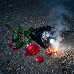 rose laying on the ground, fire and smoke from rose petals, at night, on gravel, vintage phone camera with flashlight