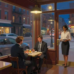 a business man sitting by the window, a car parking, a british style cafe, manhattan, midnight, streetlight, a waitress waiting, digital painting by caspar david frederich, ultrawide shot, vivid color : 3, unreal engine