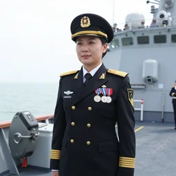 A female Mongolian Navy captain, on the bridge of a warship, wearing full dress uniform and medals