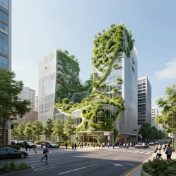 a street view of a city with biophilic architecture, beautiful landscape, crowds of people, cinematic lighting, detailed, concept art, high detail, volumetric, misty, beautiful, artstation, 8 k