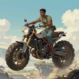 an concept art illustration, african man riding on a large floating mechanical motor biome, fantasy, style by ivan talavera and wlop, anime color palette, trending in artstation, cgsociety, octane render, ultra sharp, 8 k