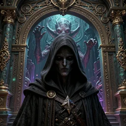 an extremely detailed 3 d render close - up of a hooded necromancer in front of a cthulhu within a lovecraft portal, intricate architecture, baroque detailed, unreal engine, octane render, hyper realistic render, micro detail, design by android jones and greg rutkowski, gaston bussiere, craig mullins, synthwave color scheme, cinematic lighting, trending on artstation, vivid colors