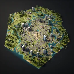 isometric fictional 3 d land plot, moe art style inspired by cyberpunk 2 0 7 7, highly detailed map, realistic proportions, realistic lighting, hyperrealistic, octane render, unreal engine 5