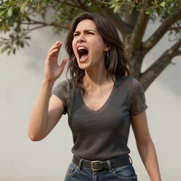 3 d medium shot photo, double exposure, woman yelling, tree branches, octane 3 d render, in the style of david bailey