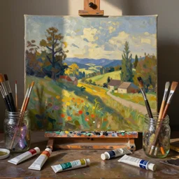 gallery painting of paint brushes, tubes of paint, and glass canning jar shimmering on a desk, dramatic afternoon lighting, oil on canvas, heavy metal, by hopper