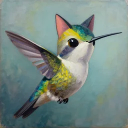portrait of a stylized hybrid cat hummingbird, oil painting