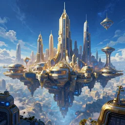 a giant, futuristic city where everything is off the ground and is colored blue and gold, in the style of a star wars city, computer wallpaper