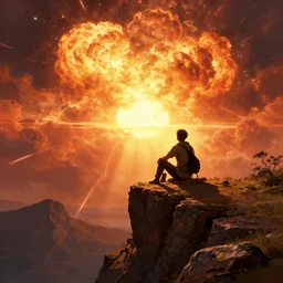 a man sitting on a cliff watching the sun explode, painting, digital art, harsh lighting, 4 k hd wallpaper, trending on art station