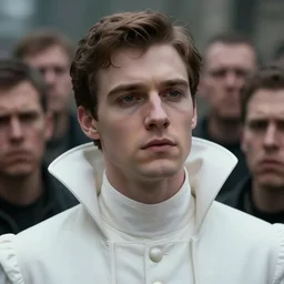 close up of a regal prince surrounded by a crowd of angry people. the prince has sharp cheekbones, white clothes, high collar, wistful melancholic hopeful expression. super details, modern digital art, matte painting, science fiction