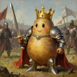 a scene of a armored humanoid potato wearing a king crown, on mediaval battlefield, golden sword, by peter mohrbacher - 9