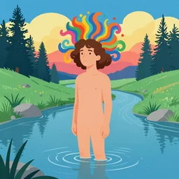 a colorful vibrant image of a simple caucasian man with curly mid length brown hair with a calm aesthetic face and dreaming psychedelic hair, standing in a shallow river, by kawase hasui, moebius, edward hopper and james gilleard, zdzislaw beksinski, steven outram colorful flat surreal design, hd, 8 k, art station