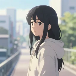 infinitely detailed beautiful! black haired girl wearing hoodie, city bright daylight background dreamy!, anime by shinkai makoto, highly detailed, lonely scenery yet peaceful!!, atmospheric, ambient lighting!