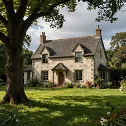 A beautiful Cottage, with a lush grass lawn, featuring a tree