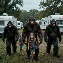A family of Sasquatch attack a Trailer Park in Ohio, photorealistic,atmospheric, Horror