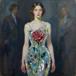 beautiful woman wearing a dress made from stained prismatic glass in the design of a rose. painting by artgerm and greg rutkowski and ilya kuvshinov paul lerh