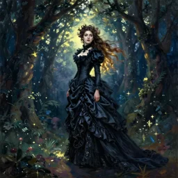 A beautiful victorian woman, night, gothic dress, flowing hair, oil painting, portrait, magical forest, glow, dramatic lighting, dramatic light, masterpiece, long shadow, painted by Rembrandt
