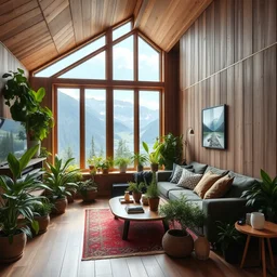 fantastical living room with wooden walls and plenty fresh houseplants, switzerland landscape in the window