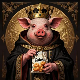 grim and depressive evil orthodox christian saint pig wearing crown holding snack bag icon, in style of Midjourney, stylized, detailed and intricate, elegant, ornate, horror, elite, ominous, haunting, beautiful digital painting, cinematic, cgsociety, Jama Jurabaev, H.R. Giger, Zdizslaw Beksinski, James jean, Noah Bradley, Darius Zawadzki, vivid colors and vibrant outlines