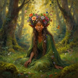 a magical forest dryad, brown skin like soil, flowers on heir cheeks, bright glowing ember eyes like fire, dressed in a green robe, colorful flowers growing from her head, branches growing as hair, , golden sunlight, queen of the forest, extremely detailed, realistic, photo by annie leibovitz, masterpiece, award-winning, mythological, mossy, grass, oil on canvas, soft colors, wide shot, very low angle photograph, simon stålenhag