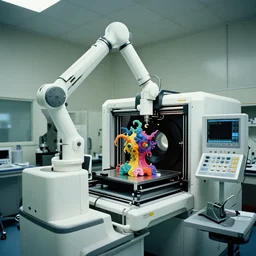 a complex bifurcated surgical arm hybrid mri 3 d printer machine making colorful mutant forms with control panels in the laboratory inspection room, film still from the movie directed by denis villeneuve with art direction by salvador dali, wide lens