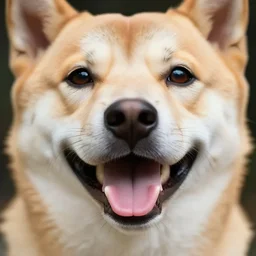 an extreme close-up of a smiling dog, award-winning masterpiece, very sharp and detailed, symmetrical