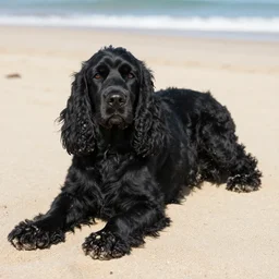 black english cocker spaniel on the beach relaxing