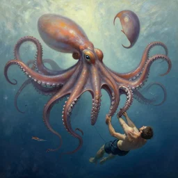 a dream fantasy painting of a giant octopus kill a diving man, by beksinki, giger, greg rutkowski, carne griffith trending on artstation, deviantart, photorealism