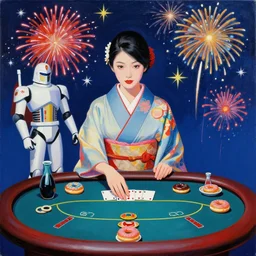 single female person in a japanese kimono sitting at an extremely detailed poker table with the startrooper, sake, donuts on the table, fireworks and stars on the background, by andy warhol, by roy liechtestein, canvas, acrylic paint, cool color palette, 4 k, ultra - hd