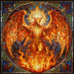 ultra realist breathtaking detailed soft painting of fantasy bahamut, long fire wings and a halo of light around its head, christian saint in the middle of a stained glass of flames, intricate art nouveau frame, by Anato Finnstark, wlop, trending on artstation