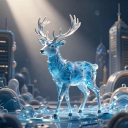 Doe Deer Made of Transparent Blue Slime Walking through a Fantasy City
