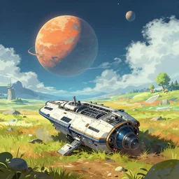 a spaceship crashed into a beautiful foreign planet. The spaceship is buried in the ground. in the style of digital art, artstation trending, rossdraws, breath of the wild