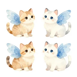 watercolor illustration style, cute cats with blue wings, white background