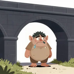 quentin blake style colour illustration of a smelly troll living under a dark bridge