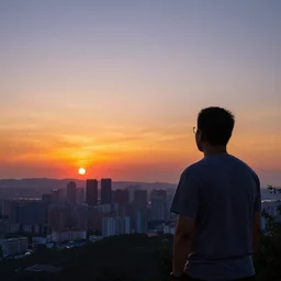 wide range photo of a man looking at a beautiful sunset, highly detailed, colorful