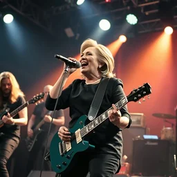 publicity photo still of hillary clinton in a death metal band playing live on stage, 8 k, live concert lighting, mid shot