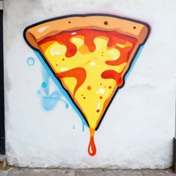 a slice of pizza dripping, aesthetic, bold flat color, minimal, paint drips, large spray graffiti on a wall by famous london graffiti artist