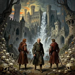 three medieval explorers wandering an enormous castle filled with skulls, ruined medieval architecture, volumetric lighting, by zdzislaw beksinski, by gustave dore, by peter mohrbacher, lovecraftian, amazing details, vivid colors, detailed, epic, waterfall, rule of thirds