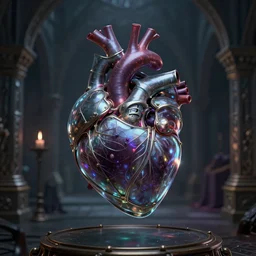 a real human heart inside glass and metal framework with dark magic in the air, inside a medieval dungeon, grimdark magic ritual, 8 k, realistic render, octane render, unreal engine