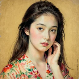 “ ann hathaway portrait by ikenaga yasunari and ayana otake and ko rakusui, 6 0 s poster, drawing, realistic, sharp focus, japanese, dreamy, nostalgia, faded, golden hues, floral clothes, porcelain skin ”
