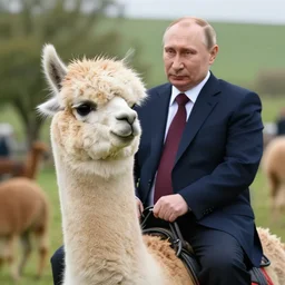 vladimir putin riding a cute alpaca, epic shot