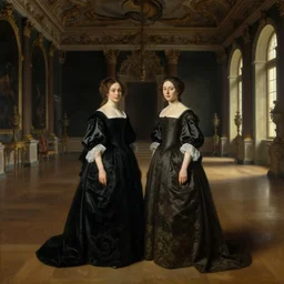 oil portrait. two women in a vast castle lobby wearing fine clothes. dark room with light coming through the right side of the place. baroque style 1 6 5 6. high quality painting, no distortion on subject faces.