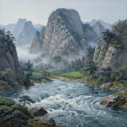 a gorgeous landscape painting by barlowe wayne maxfield parrish and marco mazzoni. tea mountain in china. grey blue. ultra clear detailed. 3 d, octane render. turbulent blood lake. 8 k