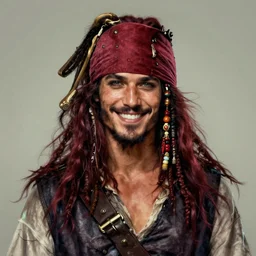 portrait of a young ruggedly handsome but joyful pirate, male, muscular, masculine, upper body, red crimson crimson deep red hair, long long flowing hair, fantasy, proud smirk, intricate, elegant, highly detailed, digital painting, artstation, concept art, matte, sharp focus, illustration, art by artgerm and greg rutkowski and alphonse mucha