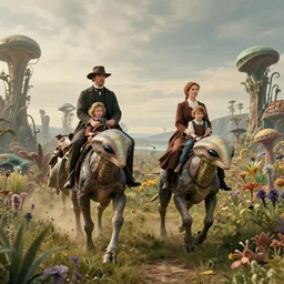 35mm still from a sci fi blockbuster movie made in 2022, set in 1860, of a family of four riding alien creatures, on an alien planet, across the alien landscape that is full of strange wild alien plants and flowers, family are wearing 1850s era clothes, good lighting, 8k, in focus faces, good quality photography, oscar winner