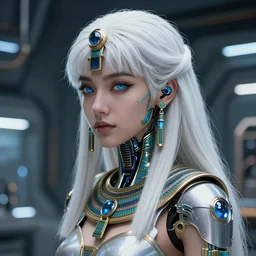 detailed portrait of perfect android girl, egyptian cyborg armor, beautiful face, scifi, futuristic, space station, laboratory, bae suzy, dreamy, long white hair, blue cyborg eyes, cinematic lighting, extreme detail, focused, artstation, divine, by gauthier leblanc, kazuya takahashi, huifeng huang, jama jurabaev