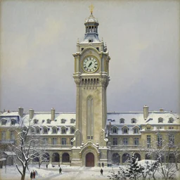 beautiful art nouveau painting of a clock tower in winter, paris 1 9 0 0