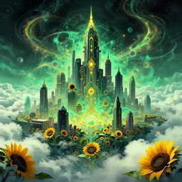 psychdelic city dreamworld in the clouds, surrealist and abstract digital art trending on artstation by artist Rob Gonsalves and Mark Riddick supreme peace immense knowledge black green mint yellow deep sunflower dmt art
